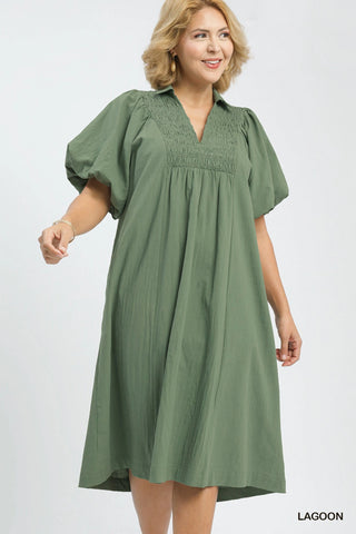 Smocked Front Cotton Midi Dress in Lagoon