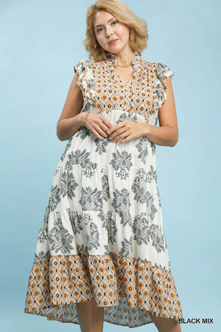 Floral & Geo Print Midi Dress