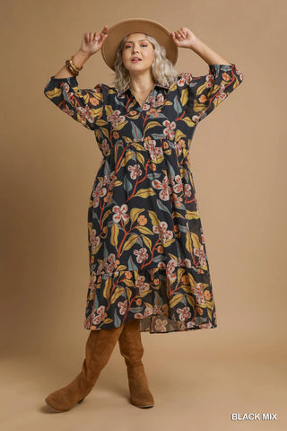 Black Floral Tiered Midi Dress