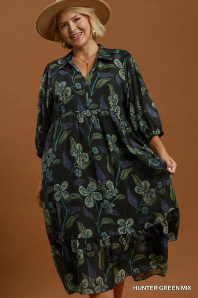 Green Floral Tiered Midi Dress