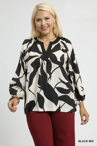 Leaf Print LS Top in Black