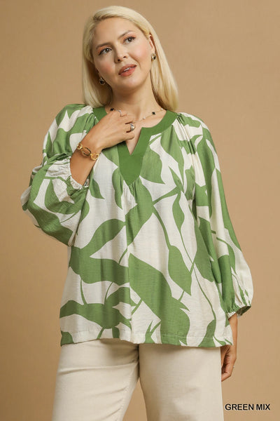 Leaf Print LS Top in Green