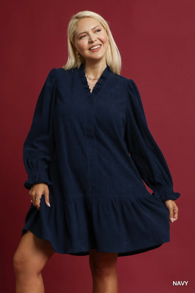 Corduroy Shirt Dress in Navy