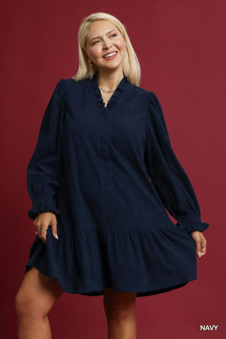 Corduroy Shirt Dress in Navy