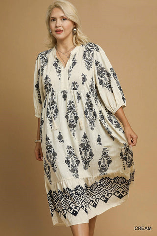 Cream Abstract Print Midi