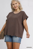 Scallop Trim Linen Cotton Top in Espresso
