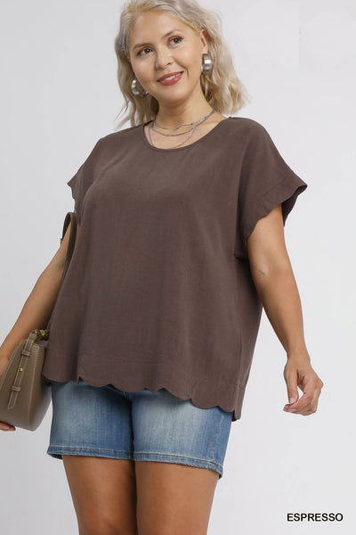 Scallop Trim Linen Cotton Top in Espresso