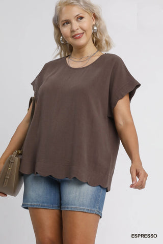 Scallop Trim Linen Cotton Top in Espresso