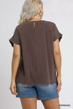 Scallop Trim Linen Cotton Top in Espresso