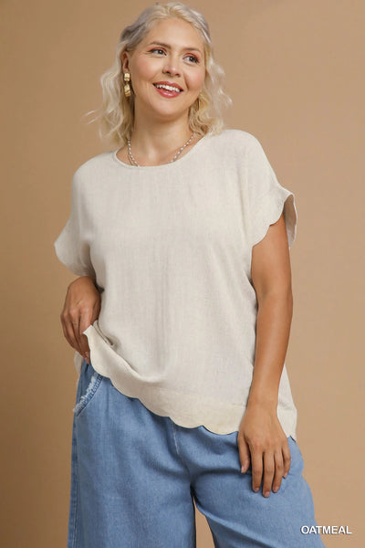 Scallop Trim Linen Cotton Top in Oat