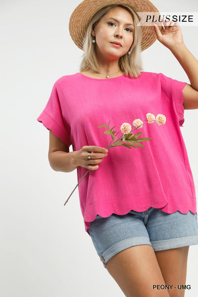 Scallop Trim Linen Cotton Top in Pink