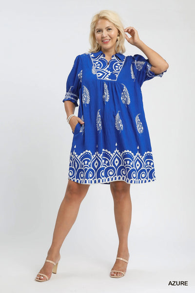 Paisley Print Flow Dress in Azure