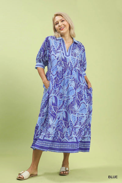 Two Tone Blue Collar Midi Dress