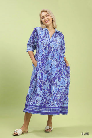 Two Tone Blue Collar Midi Dress