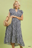Navy Leaf Print Baby Doll Midi/Maxi