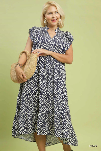 Navy Leaf Print Baby Doll Midi/Maxi
