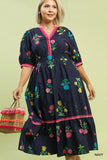 Floral Contrast Trim Midi/Maxi Dress in Navy