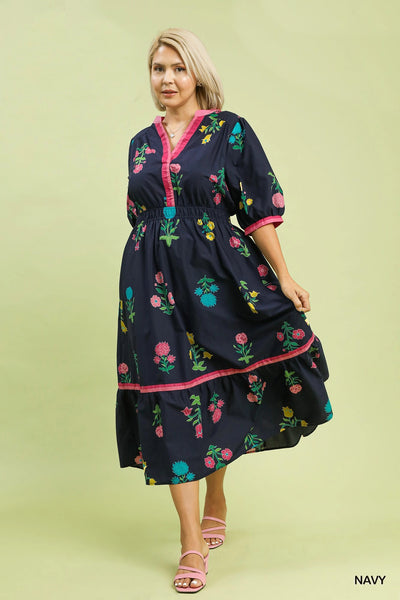 Floral Contrast Trim Midi/Maxi Dress in Navy
