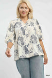 Floral Embroidered Smocked Trim Top in Navy