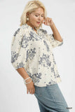 Floral Embroidered Smocked Trim Top in Navy