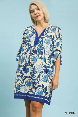 Floral A Line Tassel Tie Dress in Blue