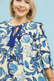 Floral A Line Tassel Tie Dress in Blue
