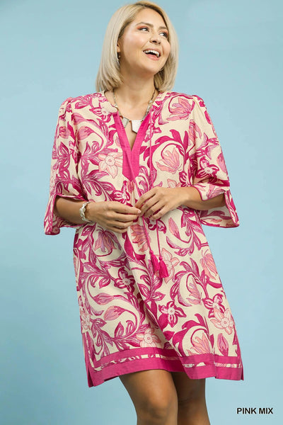 Floral A Line Tassel Tie Dress in Pink