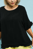 Frayed and Scalloped Linen Cotton Top in Black