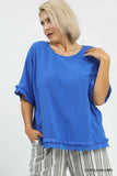 Frayed and Scalloped Linen Cotton Top in Blue
