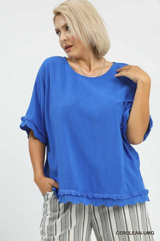 Frayed and Scalloped Linen Cotton Top in Blue