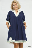 Linen Contrast Block Trim Dress in Navy