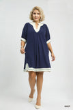 Linen Contrast Block Trim Dress in Navy