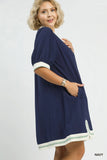 Linen Contrast Block Trim Dress in Navy