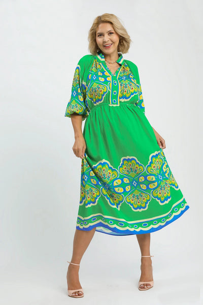 Green Peacock Print Cotton Midi Dress