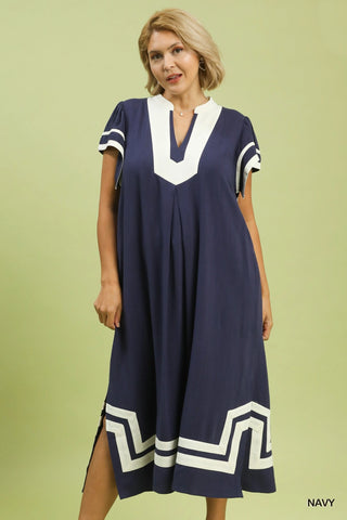 Linen Contrast Border Midi Dress in Navy
