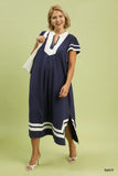 Linen Contrast Border Midi Dress in Navy