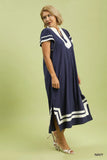 Linen Contrast Border Midi Dress in Navy