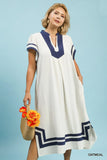 Linen Contrast Border Midi Dress in Oat