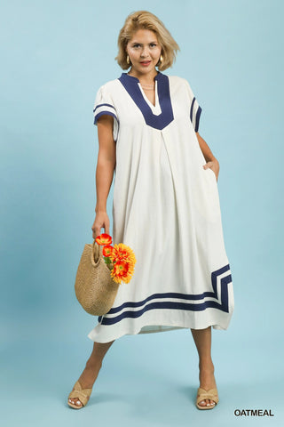 Linen Contrast Border Midi Dress in Oat