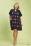 Floral Embroidered V Neck Dress in Navy