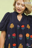 Floral Embroidered V Neck Dress in Navy