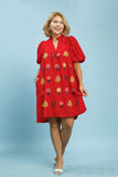 Floral Embroidered V Neck Dress in Red