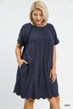 Scallop Trim Linen Cotton Dress in Navy