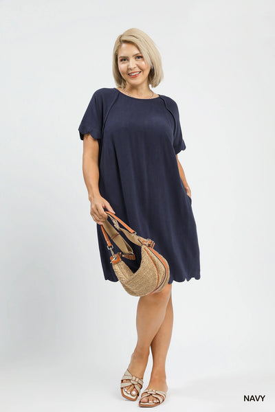 Scallop Trim Linen Cotton Dress in Navy