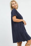 Scallop Trim Linen Cotton Dress in Navy