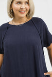Scallop Trim Linen Cotton Dress in Navy