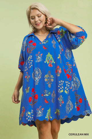 Multi Floral Swing Dress in Blue