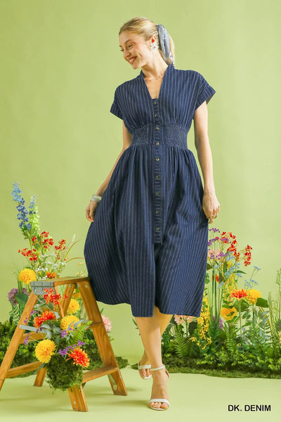 Pinstripe Denim Smocked Waist Dress