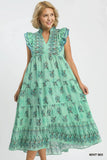 Mint Floral Boho Print Midi Dress