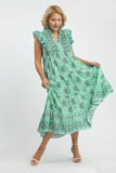 Mint Floral Boho Print Midi Dress